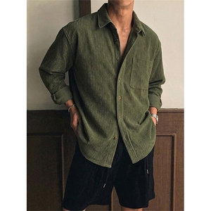 灯芯绒春季长袖衬衫纯色条纹男慵懒风复古工装上衣D06-TP31不图片
