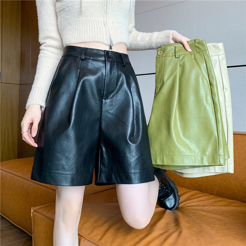 2024皮短裤女秋冬pu韩版皮裤a字高腰阔腿五分裤宽松显瘦直筒中裤，女装休闲裤，梦白服饰厂