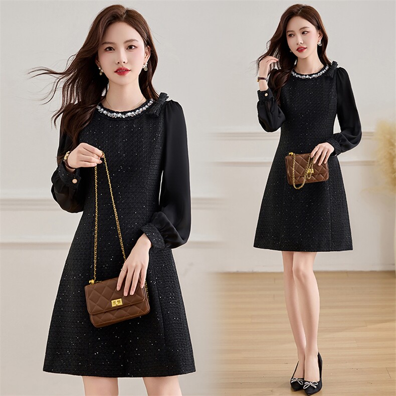 时尚百搭小香风领口亮片装饰2025春秋新款气质连衣裙，女装连衣裙，伊航服饰