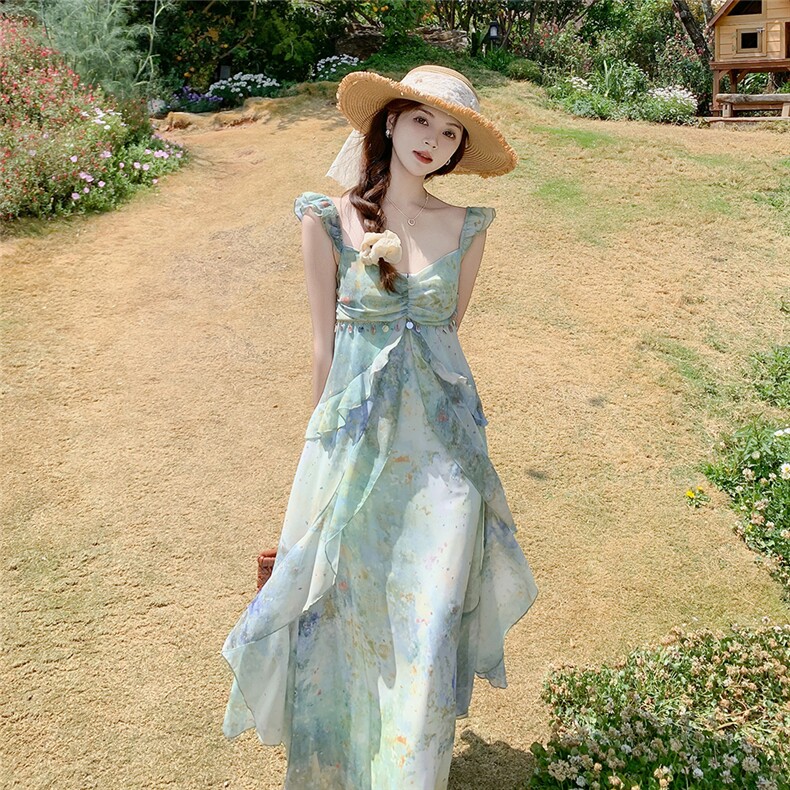 蓝色超好看独特漂亮裙子2025今年流行女夏季度假风新款连衣裙，女装连衣裙，2C131