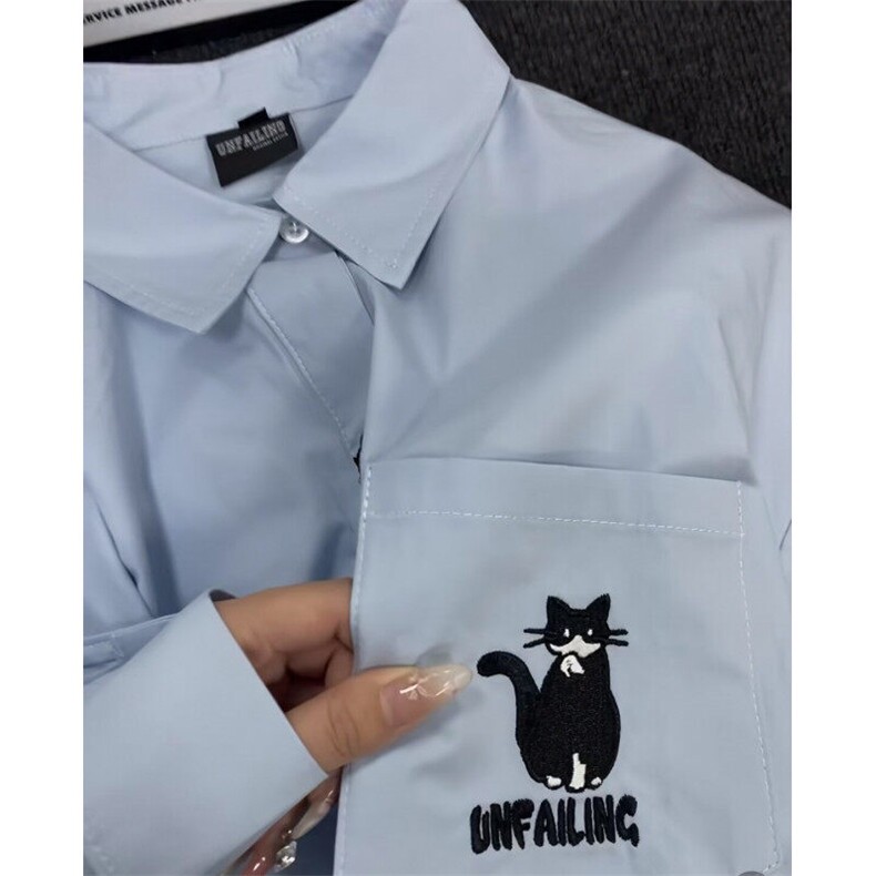 日系复古可爱趣味猫咪刺绣长袖衬衫男女潮牌学院风BF情侣学生衬衣,男装衬衫,星座601-1