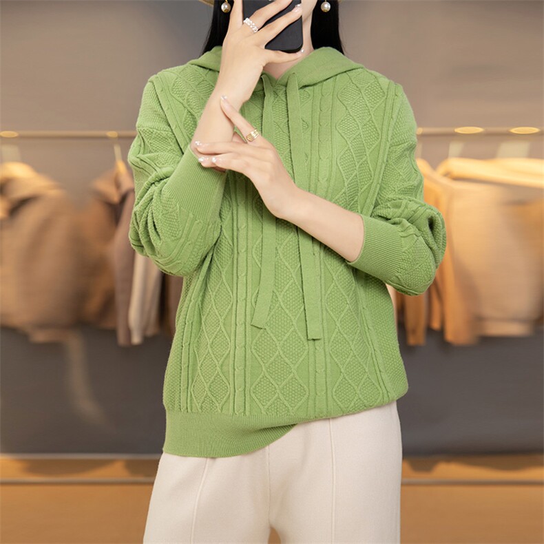 2025年秋季新款百搭女士长袖套头连帽衫,针织衫/毛衣,百色羊绒