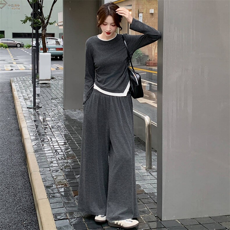 2025年秋季新款时尚潮流舒适棉质感显瘦大摆裤两件套，女装套装/套裙，心心服饰