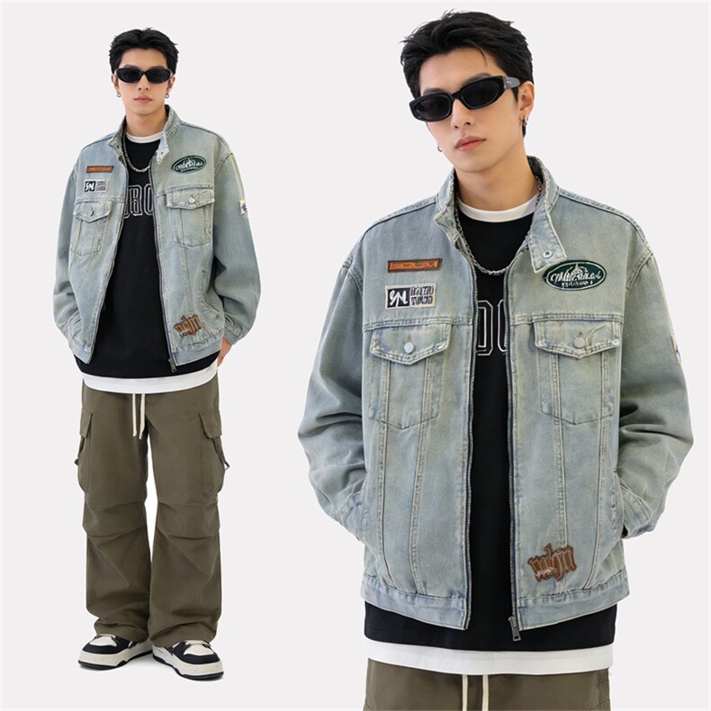 春秋美式复古贴章设计感水洗做旧刺绣牛仔夹克外套男JK86155-p70,男装夹克,星座1008