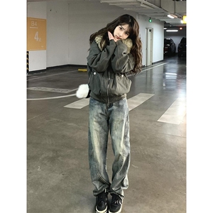 现货重磅boxy短款棉衣座山雕大毛毛领男女棉服水洗工装厚外套图片