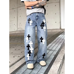 潮流文艺百搭蓝色皮标十字架牛仔裤慵懒ins流行时尚新款日系原宿