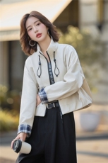 时尚休闲立领抽绳短外套女2025秋季格纹袖口拼接宽松显瘦夹克上衣，女装短外套，沁沁公主