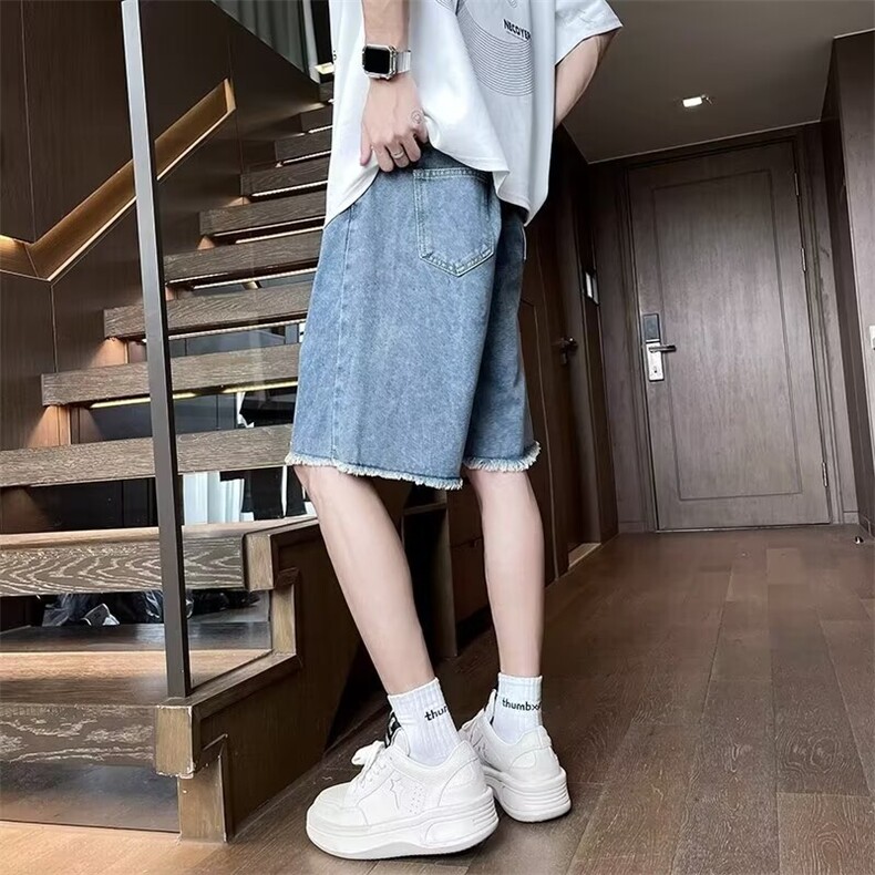 毛边拉链牛仔短裤男夏季薄款潮牌痞帅炸街五分裤1001-1-DN08-P42图片