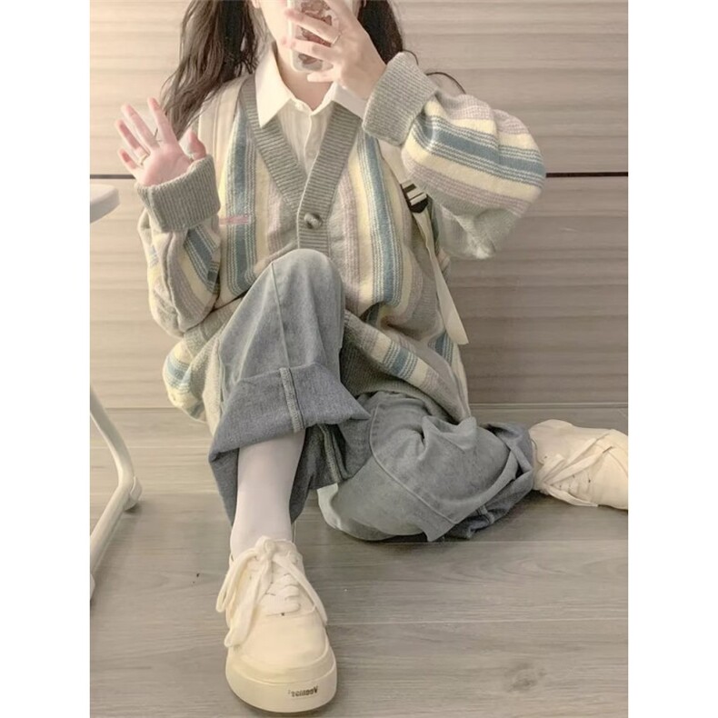 美式拼接彩色条纹针织衫毛衣女春秋季2026新款慵懒风宽松连帽开衫,男装针织衫/毛衣,星座516A