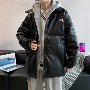 假两件衣男冬季加厚宽松潮流PU皮外套港风连帽服  W1906-P85图片