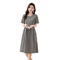 复古格子拼接棉麻连衣裙女2025夏季新款宽松显瘦气质休闲A字裙子，女装连衣裙，姿衣坊