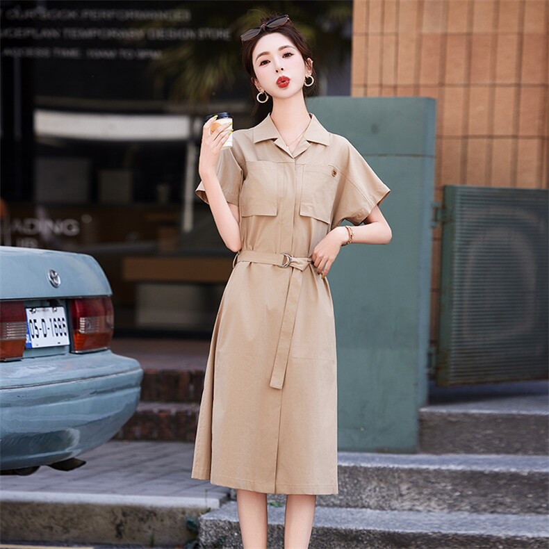 FILA斐乐女子连衣裙夏季衬衫领优雅宽松收腰连身裙,女装连衣裙,丽影随形