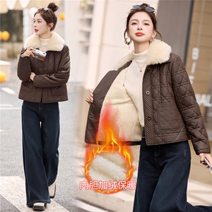 格纹加绒皮衣外套女加厚短款韩版气质收腰百搭小个子棉衣棉服图片