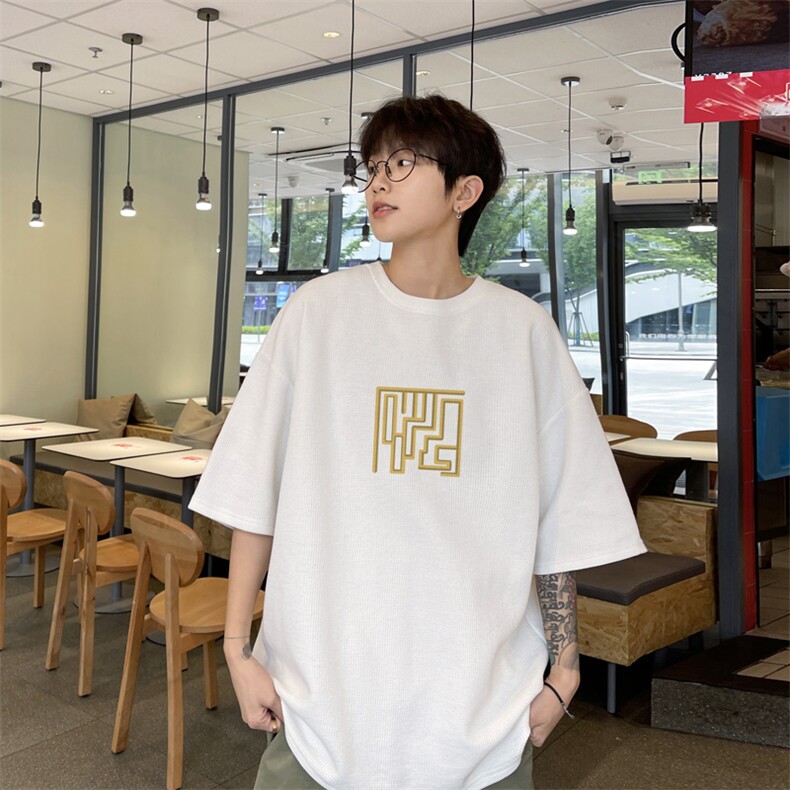 黑色t恤男短袖夏季薄款华夫格2025新款青少年国潮痞帅半袖体恤衫，男装T恤，电商B371