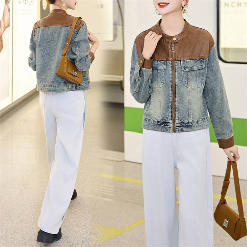 复古拼接牛仔外套女2025春秋新款韩版宽松小个子休闲短款夹克上衣，女装牛仔外套，跑量工厂店
