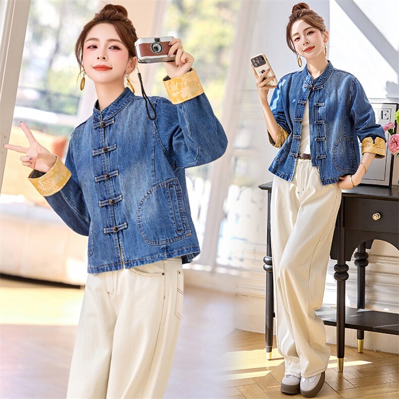 新中式提花拼接牛仔外套女2025春秋新款休闲百搭超火唐装盘扣上衣，女装牛仔外套，润尚靓点