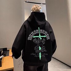 350g美式复古十字架翅膀印花连帽卫衣宽松潮牌外套5188-P43网络图，女装短外套，电商B245