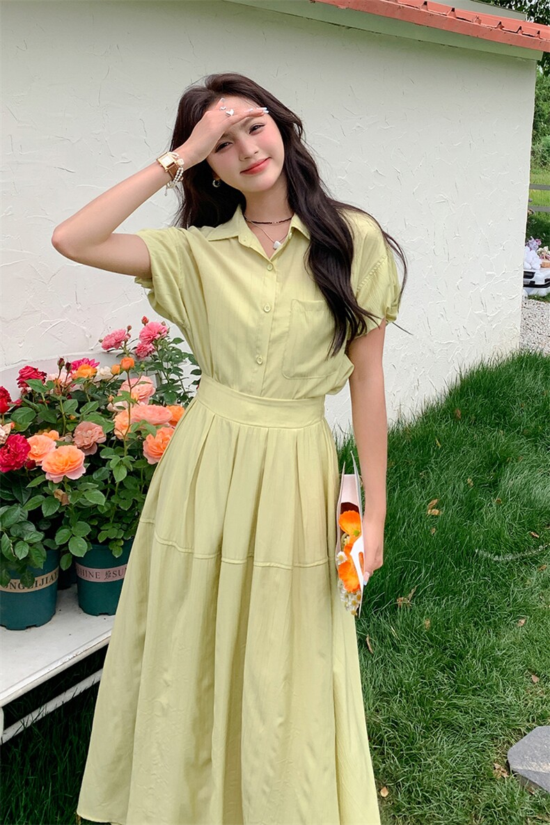 现货-夏季新款简约小清新绿色两件套P135-K198,女装套装/套裙,浪娴服饰