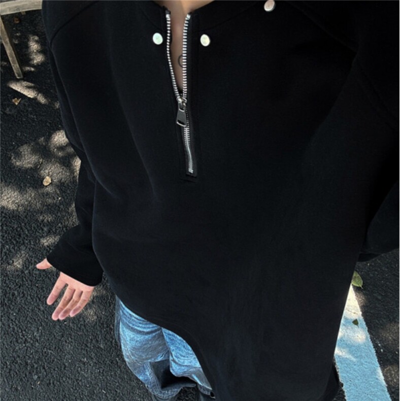 半拉链解构小众设计感花灰色垫肩卫衣男秋季cleanfit重磅长袖T恤,男装卫衣,星座506A