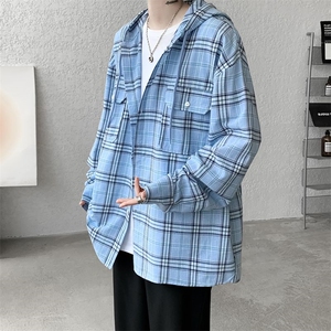 秋季新款美式复古连帽格子衬衫男宽松百搭设计感休闲连帽衬衣外套图片