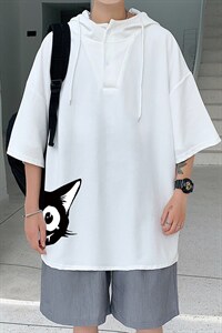 LD54035-P45 连帽短袖t恤男大码胖子带帽五分袖中袖图片