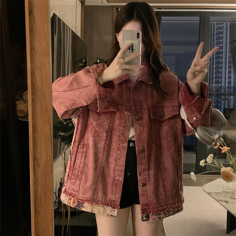 复古甜酷脏粉色水洗拼接牛仔外套男女古着情侣棒球服C644-98,男装工装外套,星座911-2(原星座613-2）
