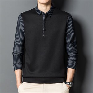 长袖t恤男纯色卫衣春秋季polo衫中年潮流假两件上衣服2023新款图片