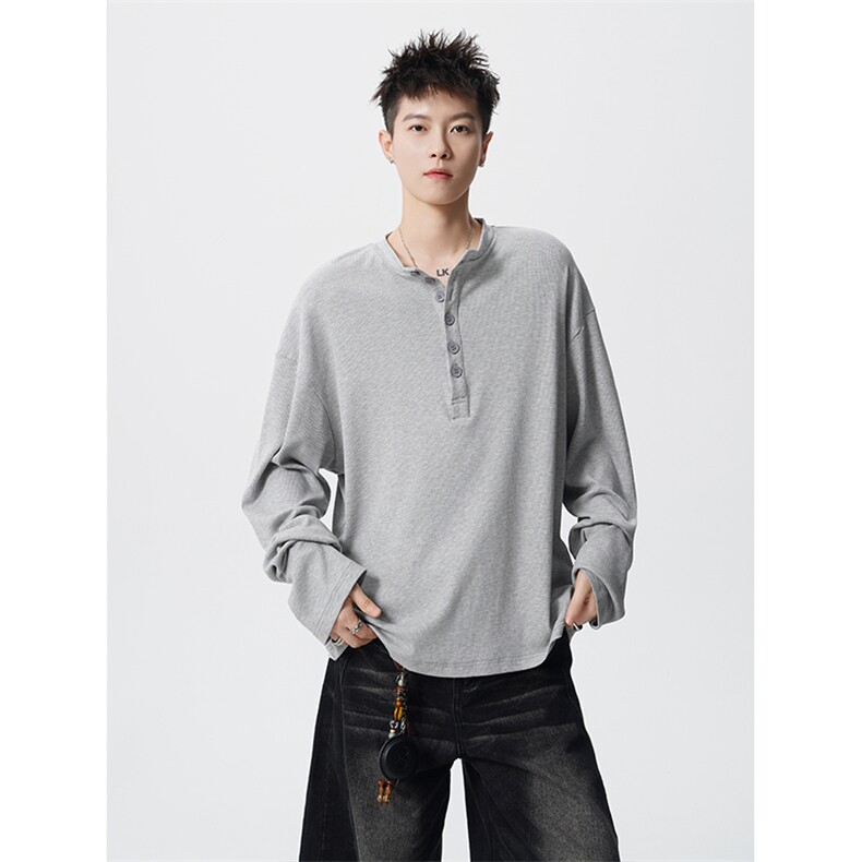 高级风纯色透气亲肤亨利领长袖T恤垂感丝滑通勤打底衫CX3001P38，男装T恤，电商D206-1