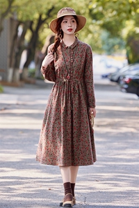 连衣裙女春秋款2025年新款收腰气质减龄中年妈妈全棉长袖碎花裙子图片