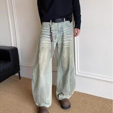 美式复古废土风弯刀牛仔裤男宽松休闲水洗脏染阔腿镰刀裤2025年，男装牛仔裤，星座506A