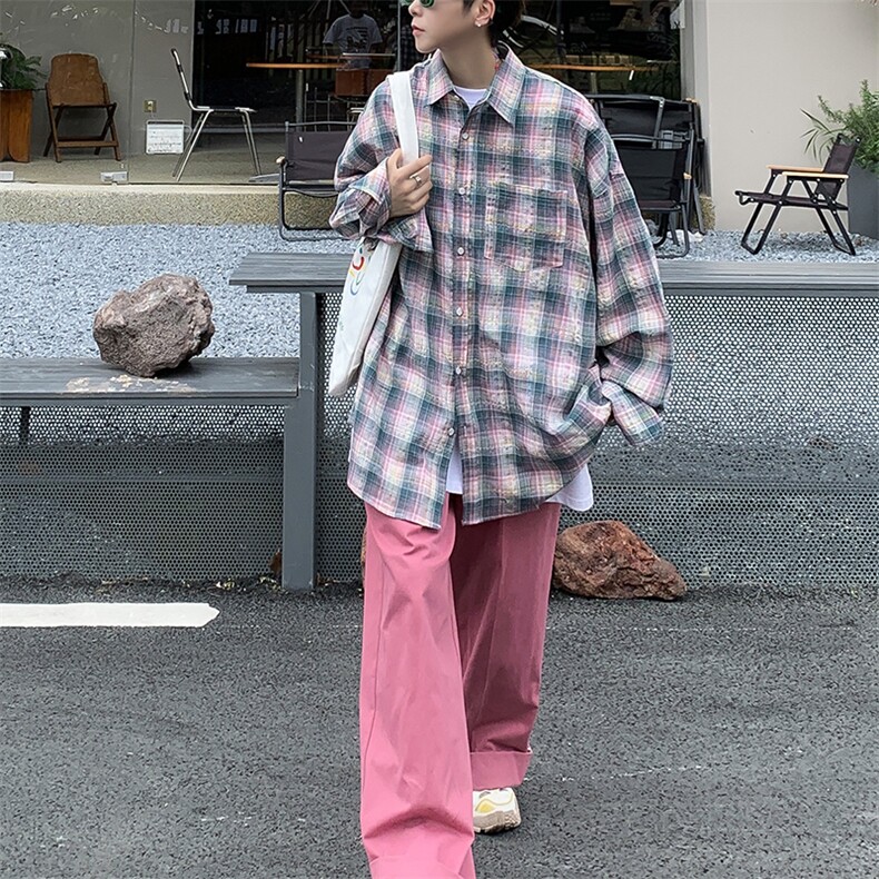 美式复古格子长袖衬衫男ins潮高街小众宽松工装衬衣外套RC90-P45,男装衬衫,星座1008