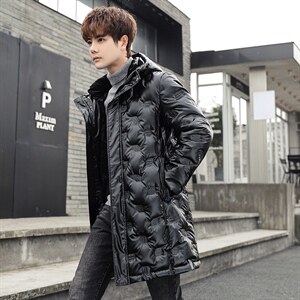 潮牌时尚长款连帽亮面中长款轻薄羽绒服学生修身品质羽绒服图片
