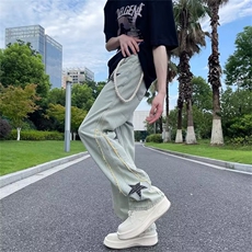 美式潮刺绣牛仔裤男四季款美式复古宽松阔腿直筒裤潮k6029-p50，男装牛仔裤，星座1109-3