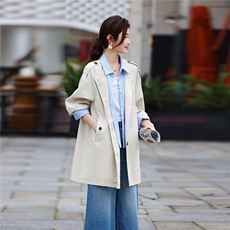 条纹拼接中长宽风衣女假两件女春季新款设计感减龄夹克上衣，女装风衣，鑫源服饰