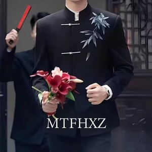 风秋男立领西装金属盘扣竹刺绣中式中山装大码S-5XL AK81 P60图片