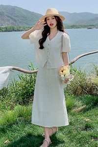白色肌理感小香风套装裙女夏季新款气质显瘦v领上衣半身裙两件套图片