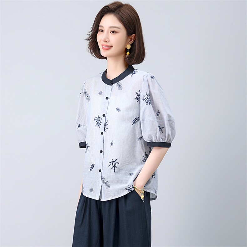 小个子纯棉刺绣小衫女夏季韩版休闲宽松年轻款妈妈薄款衬衫上衣潮，女装衬衫，江忆布依