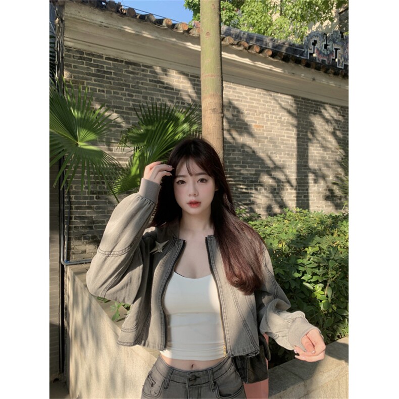 A420-P78弧形下摆短款水洗牛仔外套女新款宽松显瘦小众拉链上衣,男装工装外套,星座911