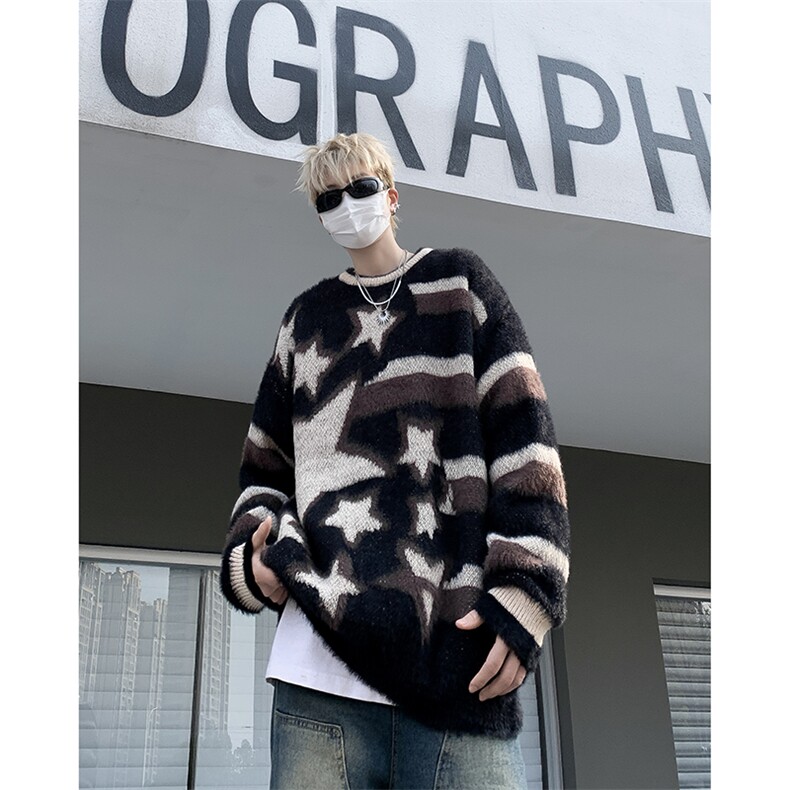 MY263-P58美式宽松型星星圆领毛衣，男装针织衫/毛衣，星座1501-1