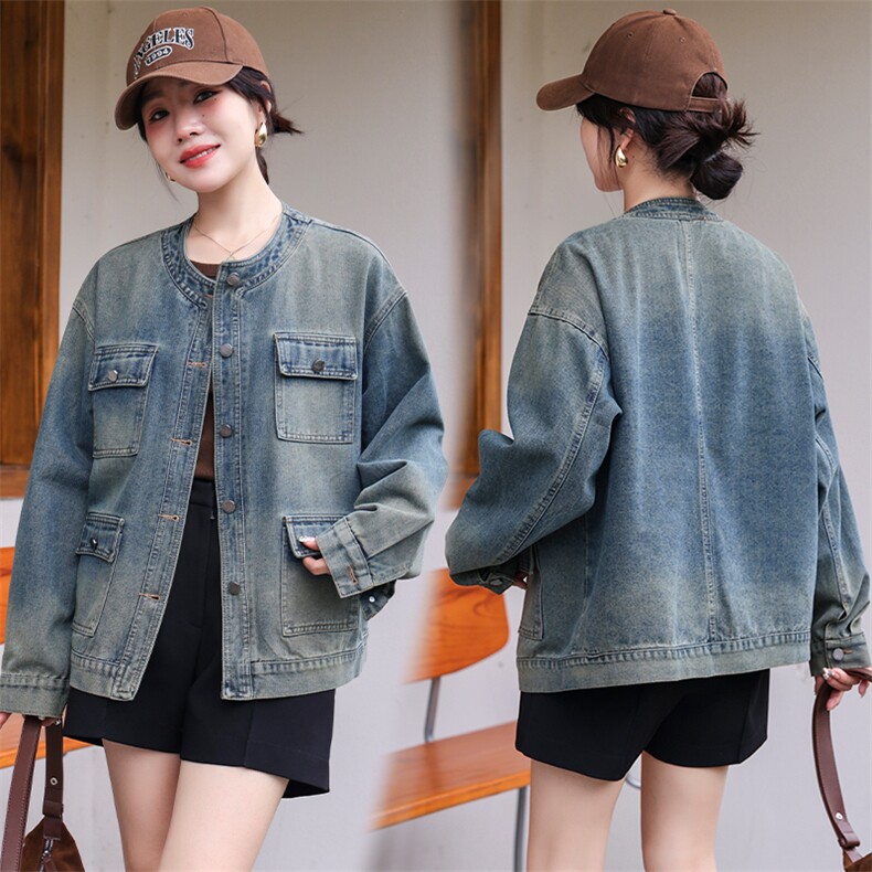 现货复古洗水多口袋牛仔外套女早秋2024新款设计感宽松显瘦上衣，女装牛仔外套，潮流依族