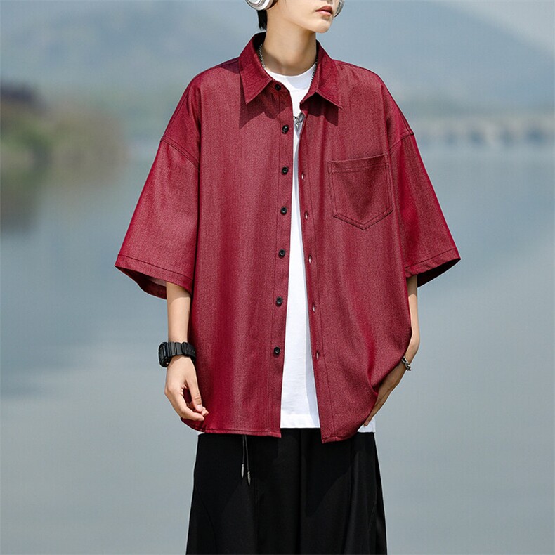 8XL-M冰丝牛仔短袖衬衫男款夏季薄款宽松慵懒衬衣外套DC28006P60,男装T恤,电商B312