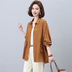 亚麻长袖衬衫女春秋2025年新款中年妈妈大码宽松休闲百搭衬衣上衣，女装衬衫，忆绮罗