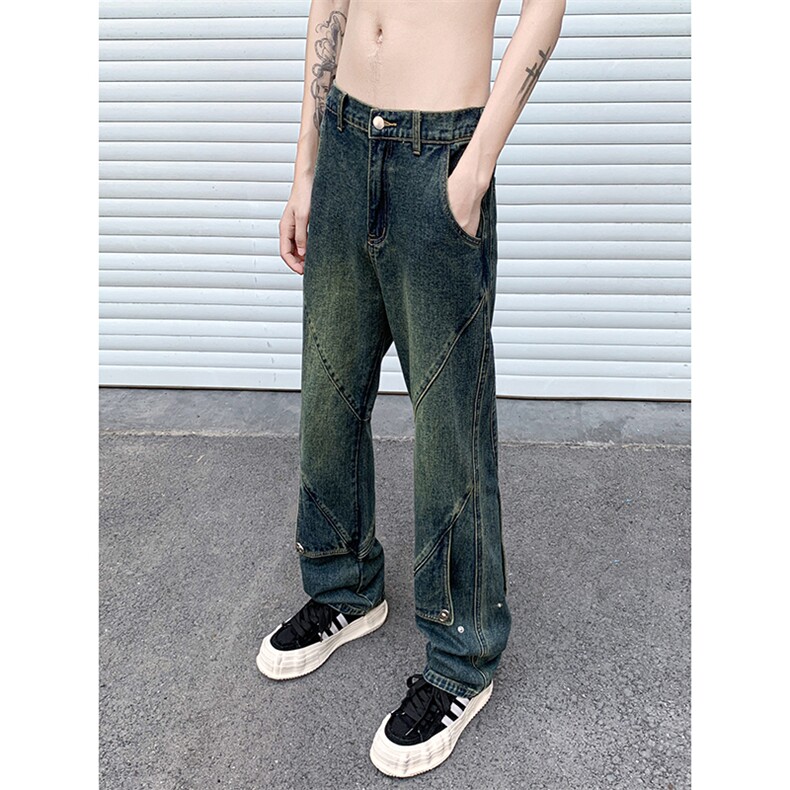 B221美式ins高街暗黑拼接直筒工装牛仔裤LK24147-P70控98,男装牛仔裤,电商B221