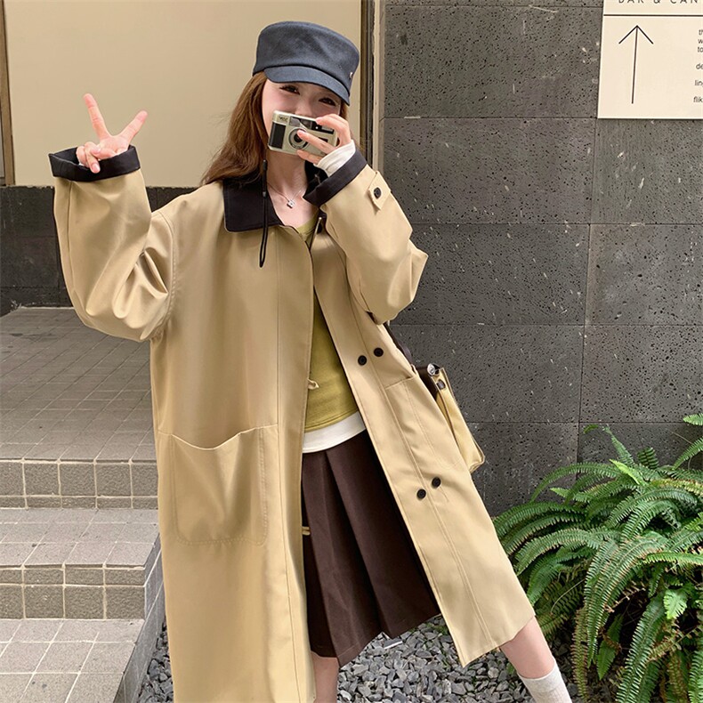 撞色翻领长款卡其色风衣外套女春秋2025新款显瘦巨好看高级感大衣,女装风衣,2C169