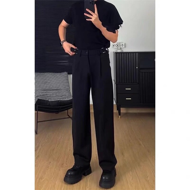 美式cleanfit微喇叭西装裤男高腰深档弯刀裤子高级感垂感黑色西裤图片