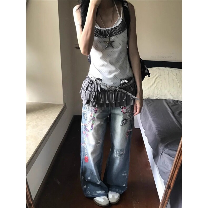 复古重工做旧链条印花牛仔裤男女2025秋季新款松弛感阔腿拖地裤,男装牛仔裤,四季星座505