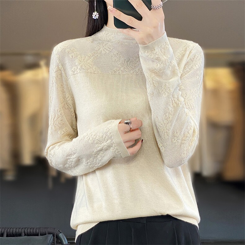 24秋冬新款精纺桑蚕丝羊毛衫女半高领提花套头毛衣针织打底衫，女装羊毛衫，科源羊绒