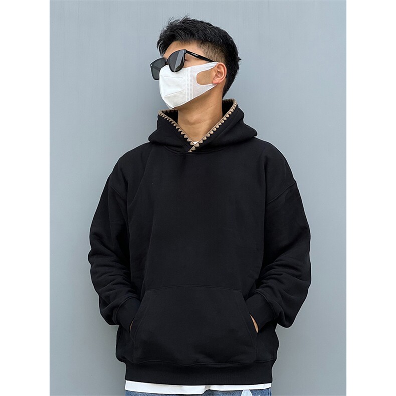 抖音得物高品质二开25秋冬美式重磅宽松纯色连帽贝壳刺绣卫衣W63,男装卫衣,电商A486-1