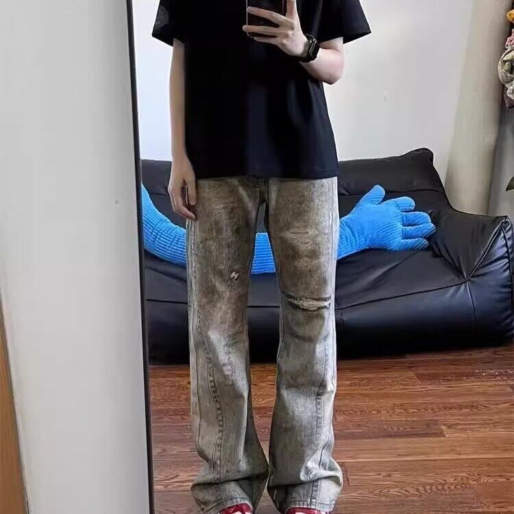 美式vibe复古做旧拼接废土风水洗牛仔裤男女直筒微喇长裤子KC1169,男装牛仔裤,星座601-1