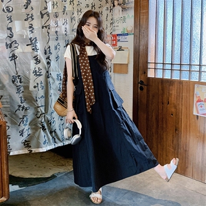 韩版休闲短袖黑色连衣裙套装女夏季2025新款宽松减龄吊带裙两件套图片